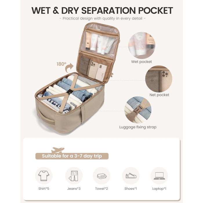 Чоловічий/Жіночий рюкзак OVEVOOK для ручної поклажі в літак, 40л, великий дорожній рюкзак-валіза з відділенням для ноутбука, водонепроникний, для подорожей, ділових поїздок, вихідних (L, Хакі-беж)