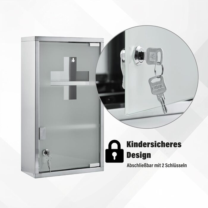 Медичний шкаф Zedelmaier з нержавіючої сталі, 4 відділення, аптечний, для ванної кімнати, з можливістю підвішування, закривається на замок, 57 x 27 x 12 см, білий