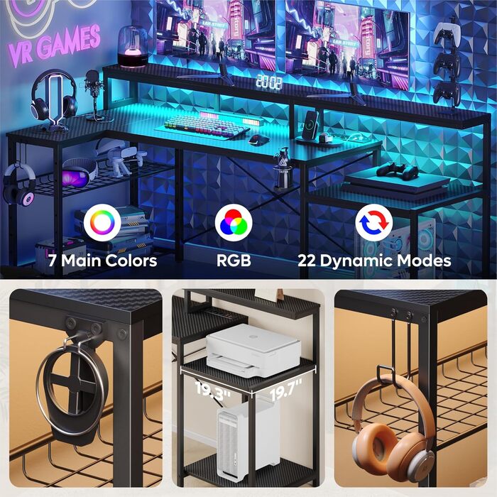 Ігровий стіл Bestier 181x80 см з LED-підсвіткою, 3 розетки AC та 2 USB, стіл для комп'ютера, чорний з карбоном