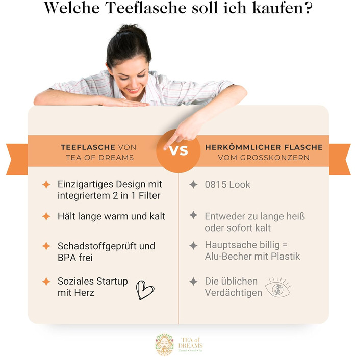 Турботермопляшка для чаю та напоїв 600 мл з нержавіючої сталі, без BPA, з ситом, персиковий колір