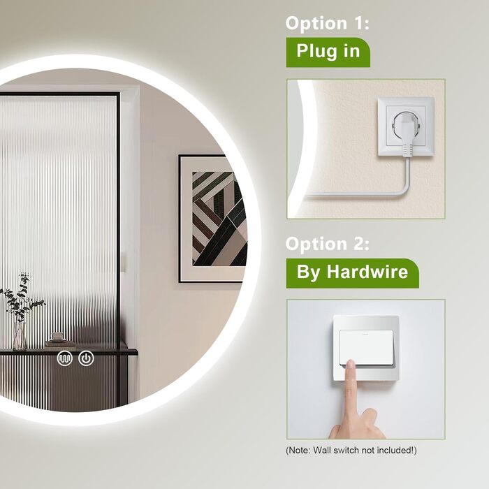 LED дзеркало для ванної кімнати AllRight з підсвічуванням 50 см, кругле, димування, 3 кольори світла, сенсорне керування, антизапар, для макіяжу та гоління