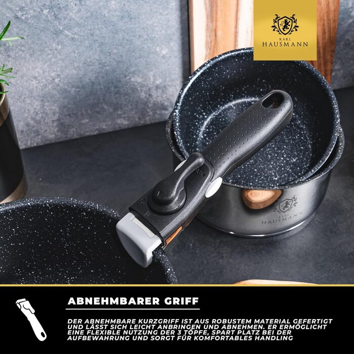 Набір каструль з знімними ручками (3 шт.) з нержавіючої сталі - сумісний з індукційними плитами. Набір каструль, сковорідок та посуду з гранітним покриттям