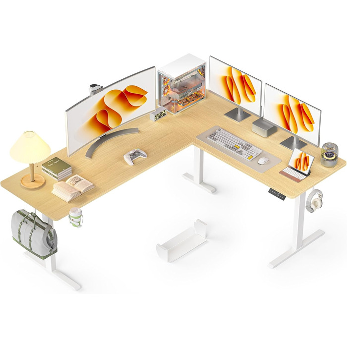 Електричний кутовий стіл WALKINGDESK 190 x 150 см з регулюванням висоти, для офісу, дому, геймінгу, з кабелеуправлінням, колір дуб