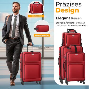 Набір валіз KESSER® 4 шт. | Тріумф валіз з тканини з кодовим замком TSA, 360° колесами та телескопічною ручкою | Косметичка, ручна поклажа, великі валізи для подорожей та бізнесу (Червоний)