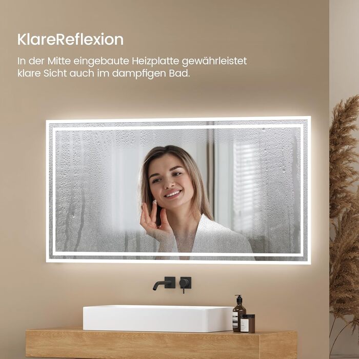 LED дзеркало для ванної кімнати EMKE 40x60 см з підсвічуванням, протитуманне, холодний/теплий білий світ, кнопка, алюмінієва рама, IP44, енергозберігаюче