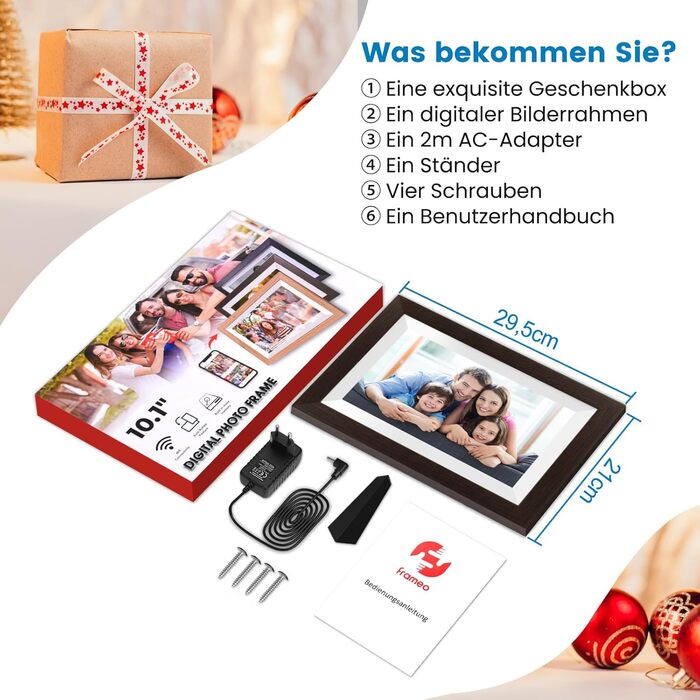 Цифровий фоторамка Mejasg 10.1 дюйма з Wi-Fi, 32GB, IPS сенсорний екран, автоповорот, для фото та відео, з дерева