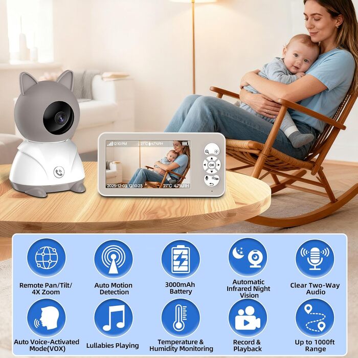 Відеоняня з камерою 2K PTZ: монітор для немовлят з нічним баченням, датчиком руху, лушпаннями, зумом 4x та записом