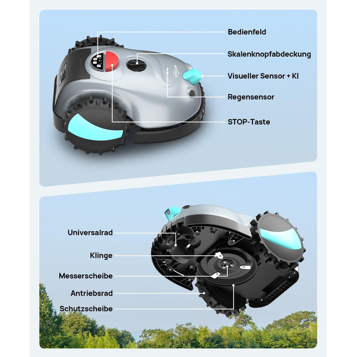 Робот-газонокосачка V100 без обмеженого кабелю з камерою, уникнення перешкод, навігація Vision, акумулятор 4 Ah, 150㎡, запасні леза, спіральне косіння (світло-сірий)