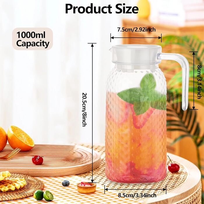 2 шт. глечики для води 1 літр, пластикові глечики з кришкою та ручкою, прозорі глечики для соку, напоїв, кави, чаю, молока, вина