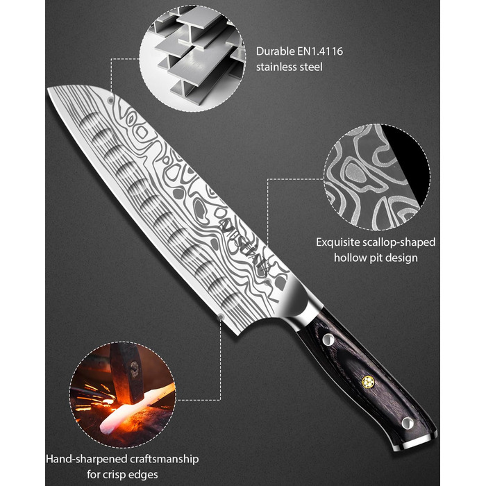 Ніж кухарський MOSFiATA Santoku, професійний ніж для кухні, універсальний ніж з нержавіючої сталі, дуже гостре лезо, з подарунковою коробкою 7