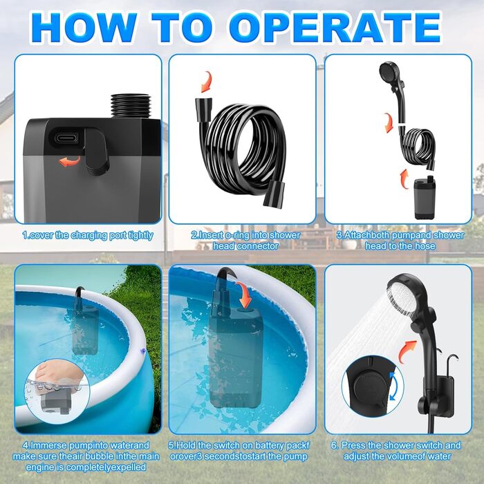 Портативна кемпінгова душ TAVADA з акумулятором 6000mAh, з насосом та термометром, з душ-насадкою та шлангом