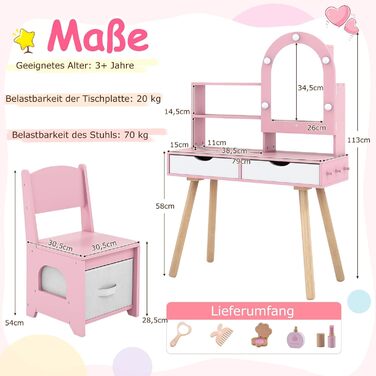 Детський туалетний столик COSTWAY 2-в-1 зі стільчиком та дзеркалом, з LED-підсвіткою, 2 шухляди, для дівчаток 3-7 років (Рожевий)