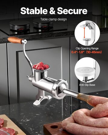 М'ясорубка ручна VEVOR з нержавіючої сталі 304, насадки 4.5/8 мм, для фаршу та ковбас, срібляста (#10)