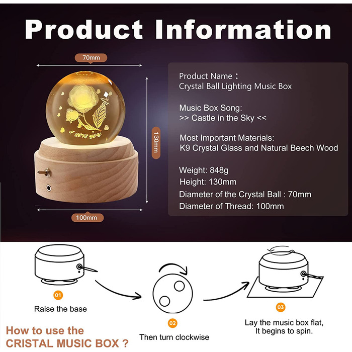 Музична скринька з кришталевою кулею BIAOQINBO, Музична скринька зі склом 3D K9, що обертається дерев'яна підставка, нічник з проекцією, подарунки для жінок, подарунок мамі на день Народження, День Святого Валентина (троянди на День Святого Валентина)