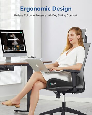 Ортопедична подушка для сидіння Feagar з memory foam - ергономічна подушка для офісного крісла, авто та дому - подушка для куприка, зняття навантаження при тривалому сидінні, неслизька (до 100 кг), чорна