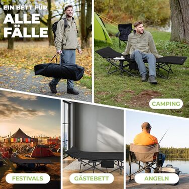 Розкладне ліжко для кемпінгу NORDICTRAILS XXL з м'яким матрацом, чорне (190 x 70 см) — зручне похідне ліжко для відпочинку та риболовлі
