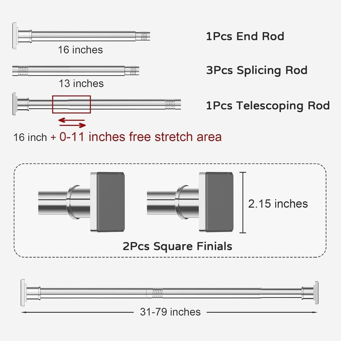 Штанга для душу Ene, 79-200 см, неслизька, натяжна фіксація без свердління, регульована, з нержавіючої сталі