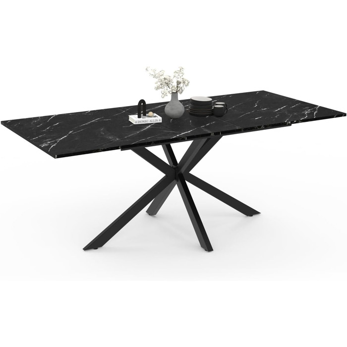 Розсувний обідній стіл Alix, 160-200 см, для 6-10 осіб, чорний, з імітацією мармуру, на металевих ніжках