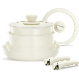 Набір посуду FOHERE 8 предметів: каструлі та сковороди з 2 знімними ручками, сковорода 20/28 см, каструлі 2.6/1.4 л, підходить для всіх плит (індукція), безпечний у духовці та посудомийній машині, бежевий