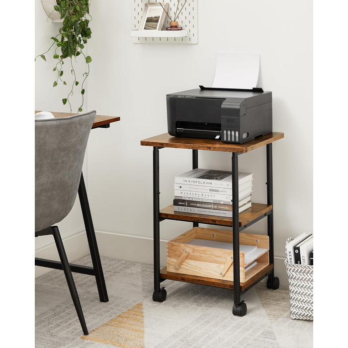 Столик для принтера VASAGLE з роликами, 3-рівневий, регульована стільниця, промисловий стиль, для офісу/кабінету, вінтажно-коричнево-чорний, OPS003B01V1