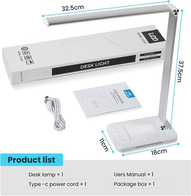 Світлодіодна настільна лампа з бездротовою зарядкою 10 Вт, функцією зарядки USB, настільна лампа для офісу з 10 рівнями яскравості x 5 кольорів, зручною для очей світлодіодним регулюванням яскравості, чутливим управлінням, автоматичним таймером на 30/60 х