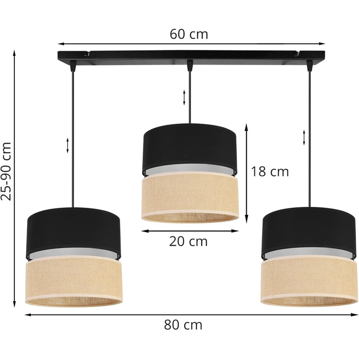 Підвісний світильник Light-Home Juta - Стельовий світильник - Металевий підвісний світильник з тканинним абажуром - E27 - Класичний 3-Light 20 см - Чорний П'єдестал - Чорний Джут Чорний Основа - 3-Light