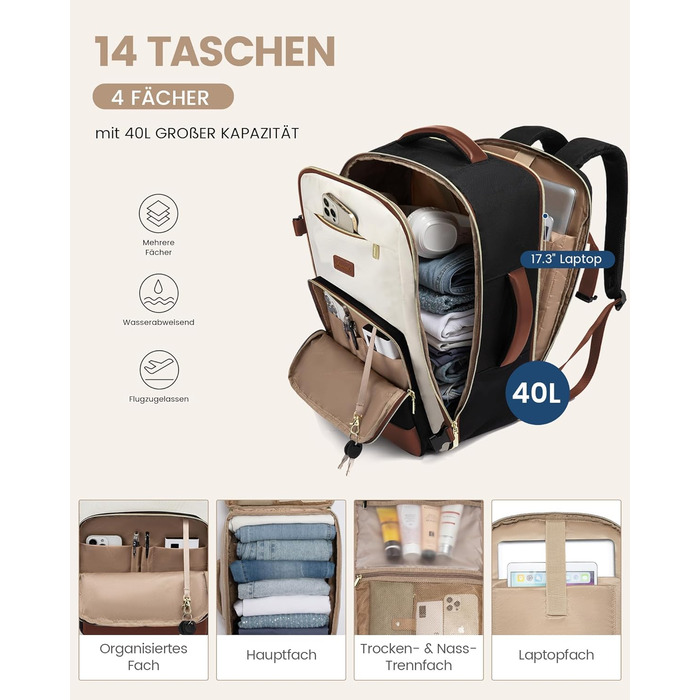 LOVEVOOK Рюкзак ручної поклажі, 17.3 дюйми, 40L, для подорожей та бізнесу, водонепроникний, для жінок, 45x30x20см, 4 кольори (Teegrün, Beige, Schwarz, Braun)