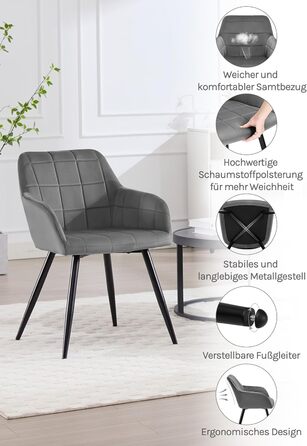 Крісло WOLTU для обідньої зони, вітальні та кухні, 1 шт. З м'яким сидінням з велюру, металеві ніжки, темно-сірий