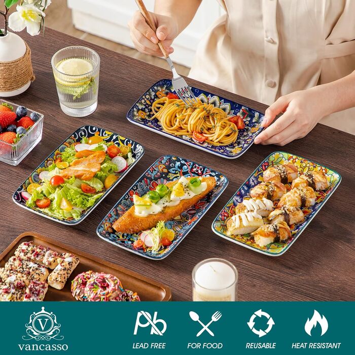 Набір тарілок Vancasso SIMI прямокутні, 6 шт. Порцелянові тарілки для подачі, десертні, на 6 осіб, 24.7x14.2 см