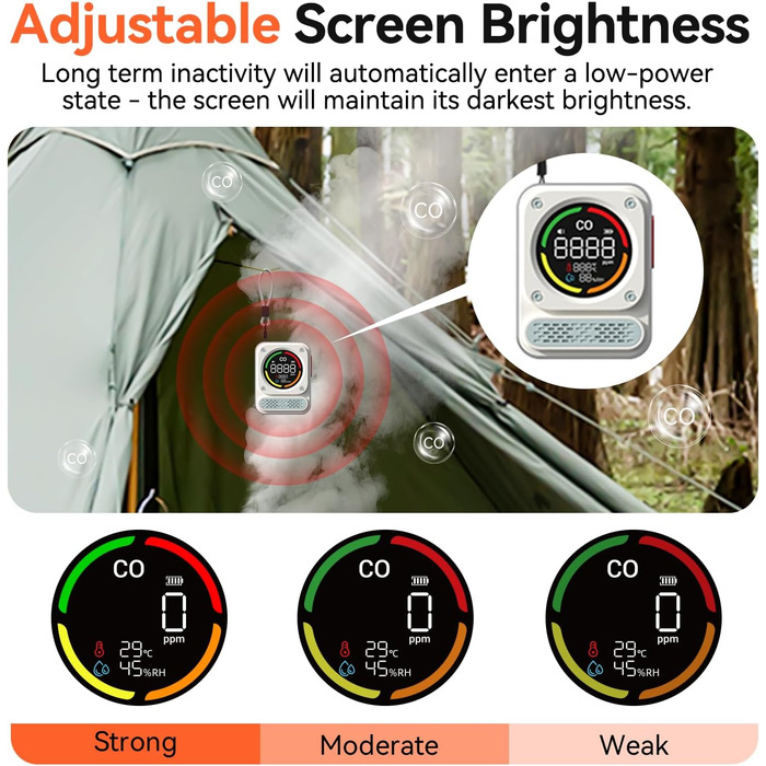 Портативний детектор чадного газу 3-в-1 з перезаряджаємою батареєю, сенсор на 10 років, 200 годин роботи для подорожей, кемпінгу, намету, автодому, дому, кухні