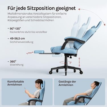 Ігровий крісло WOLTU з регульованою спинкою, обертовий офісний крісло з підлокітниками, підставкою для ніг, поперековою підтримкою, підголівником, блакитний