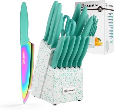 Набір кухонних ножів Katisun, 16 шт. з японської сталі, з бруском для заточування, дощечкою та ножицями. Набір ножів для нарізання, шинкування та нарізання, безпечний для миття в посудомийній машині.
