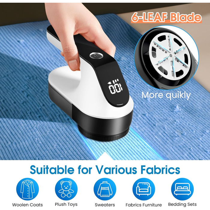 Електричний видалення ворсу Maxtachi: бездротовий пристрій для одягу з 3 швидкостями, 6-клинковий насадка, LED-дисплей, чорний