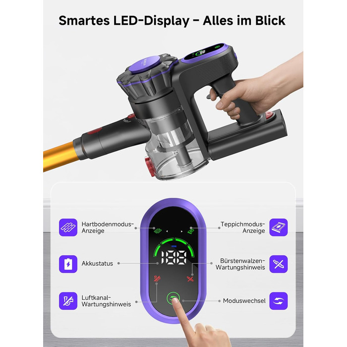 Бездротовий акумуляторний пилосос MONSGA з великою потужністю 45000Pa, до 50 хвилин роботи, дисплеєм, антизаплутана насадка, самостійна парковка, настінна зарядка, 8-шарова фільтрація, безщітковий двигун, для твердих поверхонь, килимів, шерсті тварин та а