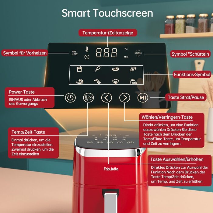 Фритюрниця Fabuletta 4 л, 9-в-1, 230C, світлодіодний сенсорний, швидке повітря, видалення жиру, попередній нагрів, червоний