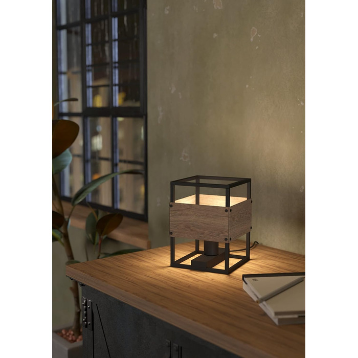 Настільна лампа Evesham, приліжкова лампа в індустріальному дизайні, настільна лампа з дерева в темно-коричневому кольорі та металу в чорному кольорі, лампа для спальні та вітальні, розетка E27