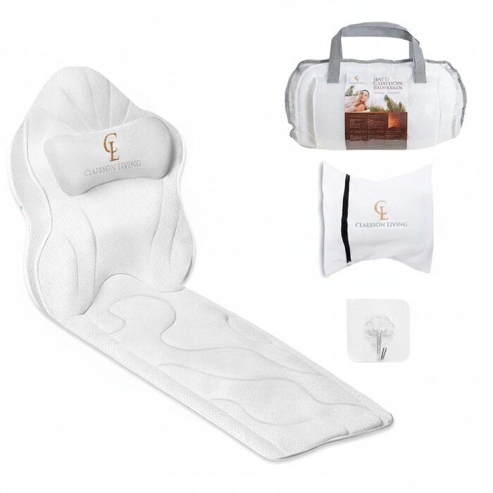 Подушка для ванни повномірна (126x41 см) з підголовником (13 см) для підтримки шиї, спини та ніг - біла, тепла біла