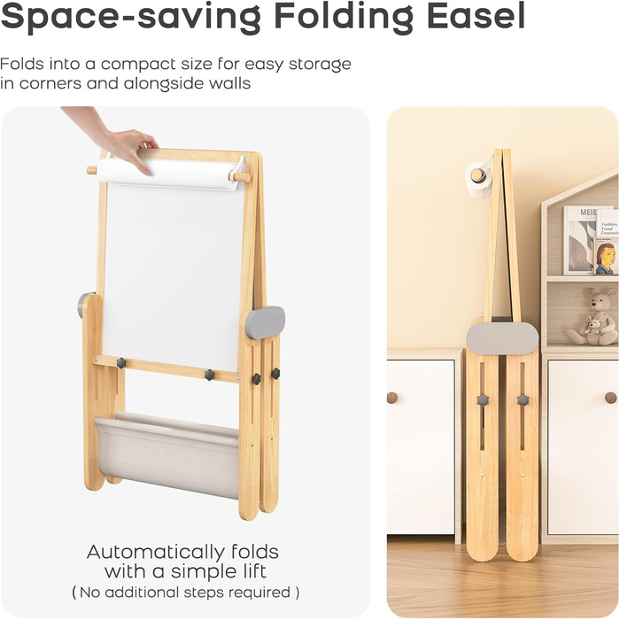 Дитяча трифункціональна складна мольберт BanaSuper з крейдою та білою дошкою, регульована висота, з тримачем для рулонів паперу, ідеальний подарунок для дітей