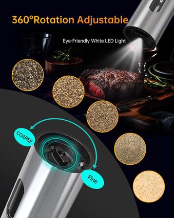 Електричні соляні та перечні млини CIRCLE JOY з підставкою, чорного кольору. Набір з нержавіючої сталі, регулювання помелу, LED-підсвічування, 110 мл, сріблястий