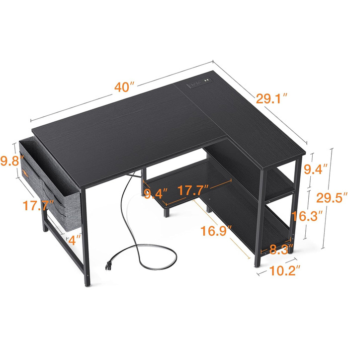 Комп'ютерний стіл ODK для геймінгу L-подібний з розетками, полицями та підставкою для ПК. Підходить для дому та офісу, компактний, 101,6 см