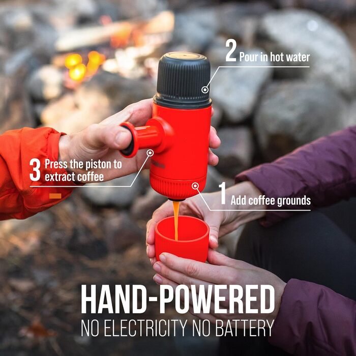 WACACO Nanopresso: портативна кавомашина для еспресо, ручна, з кейсом, 80 мл, Lava Red