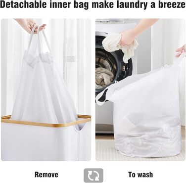 Кошик для білизни Youdenova з кришкою 85л, бамбук та дерево, сортувальник для білизни, великий, складний, білий