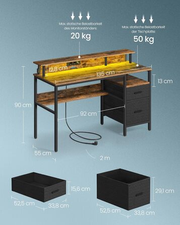 Ігровий стіл VASAGLE з LED підсвіткою та вбудованою розеткою, модель LWD094K02