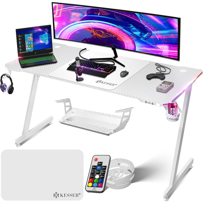 Ігровий стіл KESSER® LED 160x60 см | З-подібний стіл для геймерів | Тримач для навушників & вуглецеве покриття | Ергономічний стіл для ПК | Стабільний стіл з підстаканником, білий