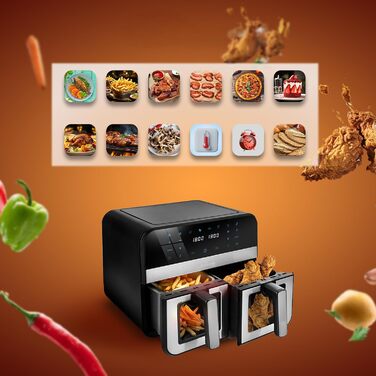 Фритюрниця повітряна LEHMANN XXL з 2 камерами (9л) - 13 програм, Touchscreen, антипригарне покриття