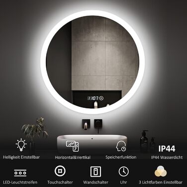 Круглий дзеркало для ванної кімнати Boromal з підсвічуванням, годинником та 3 кольорами світла (60см)