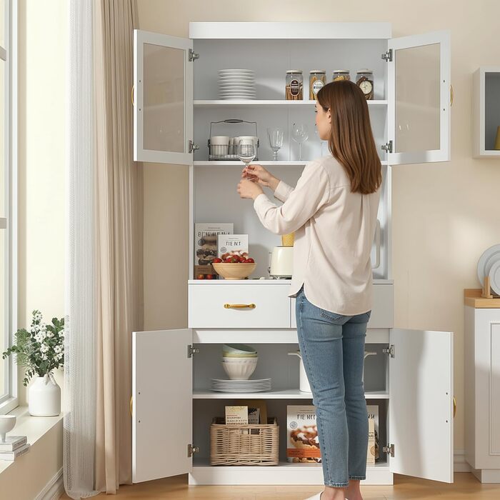 Кухонна шафа VOWNER з робочою поверхнею, буфет на 4 дверцята, шафа-вітрина, буфет з регульованими полицями, 80 x 40 x 180 см, для кухні, вітальні, офісу, їдальні (білий)