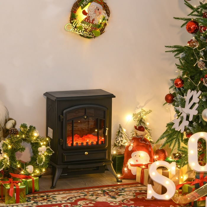 Електрокамін з підігрівом, електричний камін з LED-ефектом полум'я, декоративний камін потужністю 1000/2000 Вт, електрична імітація вогню з захистом від перегріву, камін-піч, чорного кольору.