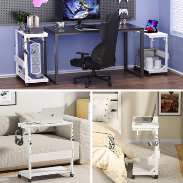 Регульована підставка для комп'ютерного блоку з 2 полицями та місцем для зберігання - для корпусів ATX, принтерів, з фіксуючими колесами (білий, 64 x 64 x 59-84,5 см)