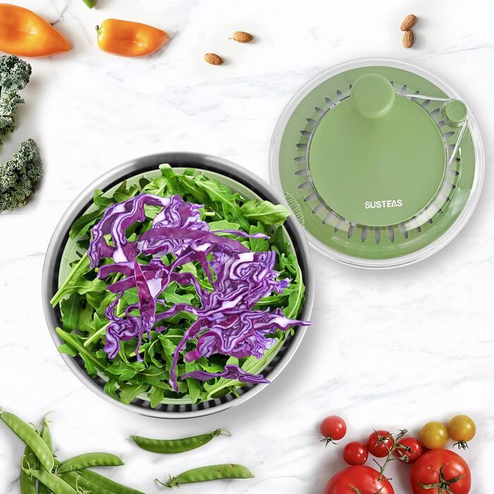 Салатниця-сушарка з нержавіючої сталі SUTEAS, велика миска для миття овочів та фруктів, сушарка для салатів з 5 лезами, сито для яєць/жовтка, подрібнювач для ефективного приготування салатів та миття продуктів